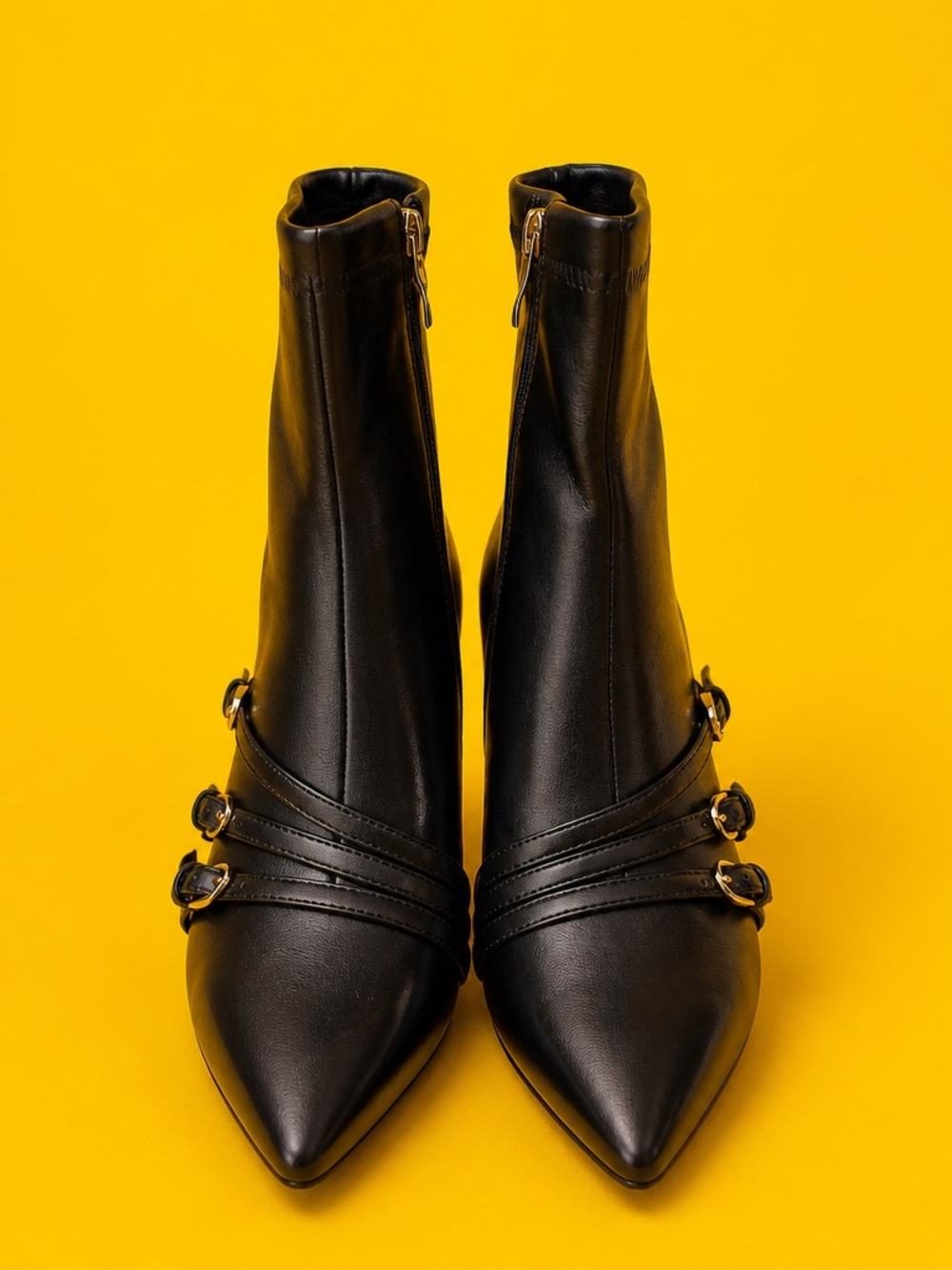 Feetquake Black Pointed Ankle Booties with Triple Buckle Straps